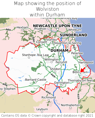 Map showing location of Wolviston within Durham