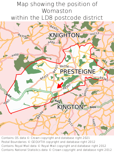 Map showing location of Womaston within LD8