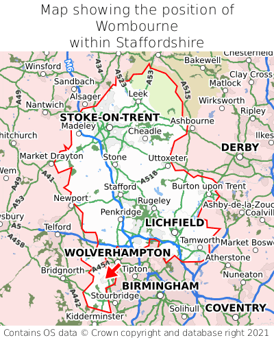 Map showing location of Wombourne within Staffordshire