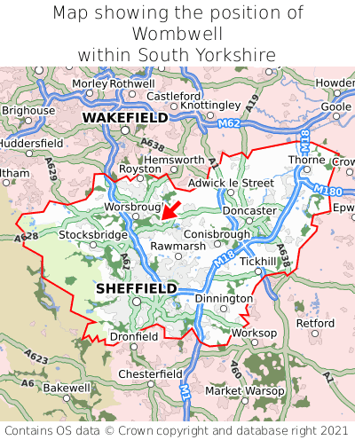 Map showing location of Wombwell within South Yorkshire