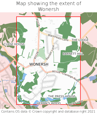 Map showing extent of Wonersh as bounding box