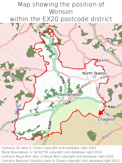 Map showing location of Wonson within EX20