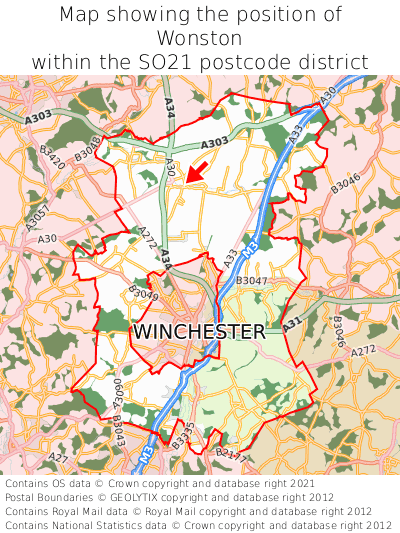 Map showing location of Wonston within SO21
