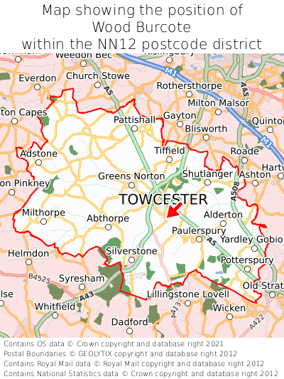 Map showing location of Wood Burcote within NN12