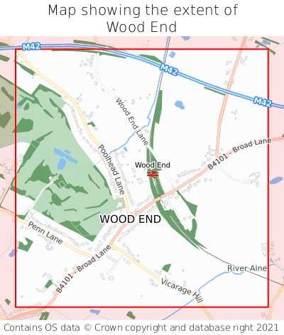 Map showing extent of Wood End as bounding box