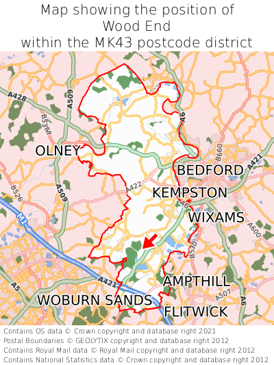 Map showing location of Wood End within MK43