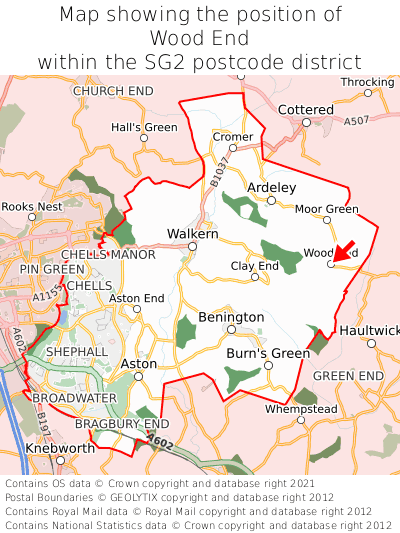 Map showing location of Wood End within SG2