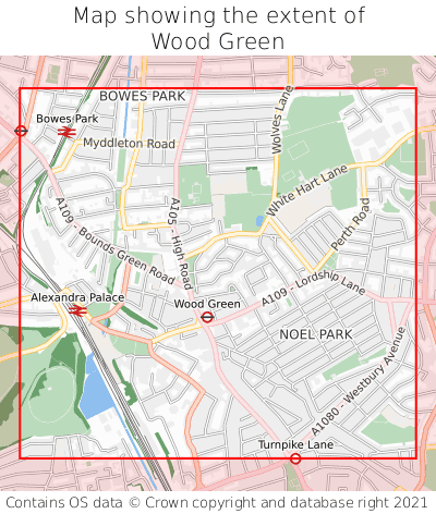 Map showing extent of Wood Green as bounding box