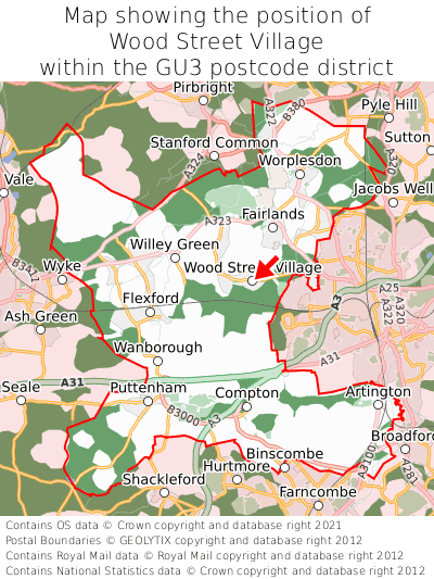 Map showing location of Wood Street Village within GU3