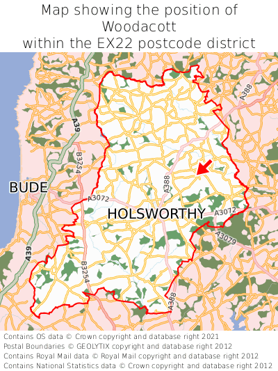 Map showing location of Woodacott within EX22