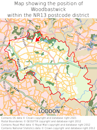 Map showing location of Woodbastwick within NR13
