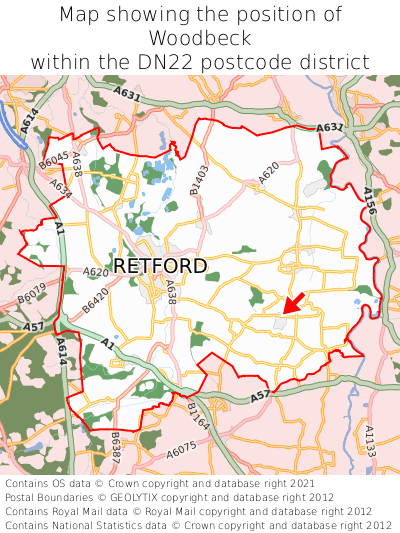 Map showing location of Woodbeck within DN22