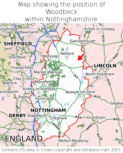 Map showing location of Woodbeck within Nottinghamshire