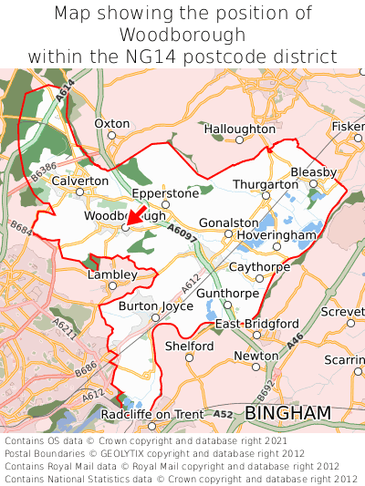 Map showing location of Woodborough within NG14