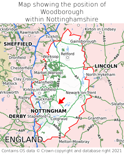 Map showing location of Woodborough within Nottinghamshire