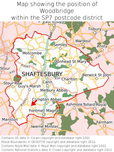 Map showing location of Woodbridge within SP7