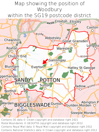 Map showing location of Woodbury within SG19