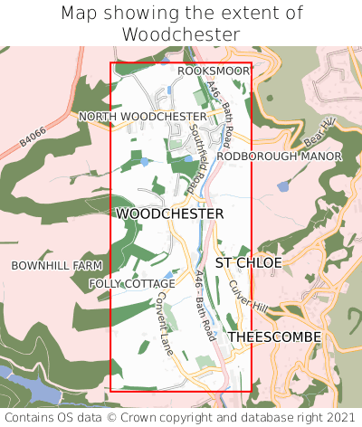 Map showing extent of Woodchester as bounding box
