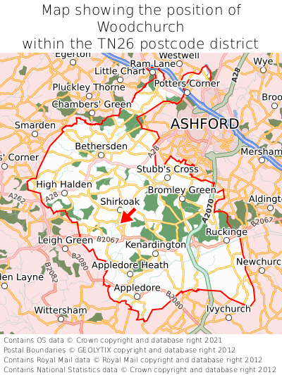 Map showing location of Woodchurch within TN26