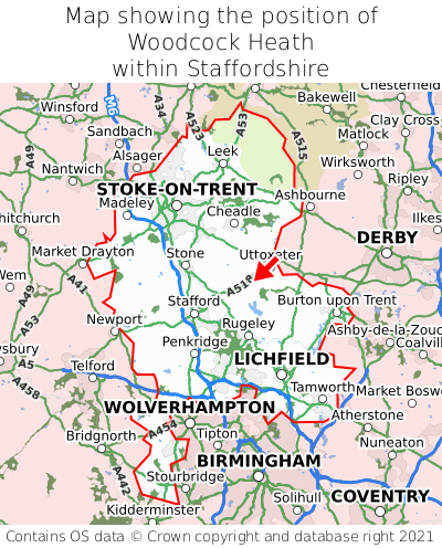 Map showing location of Woodcock Heath within Staffordshire