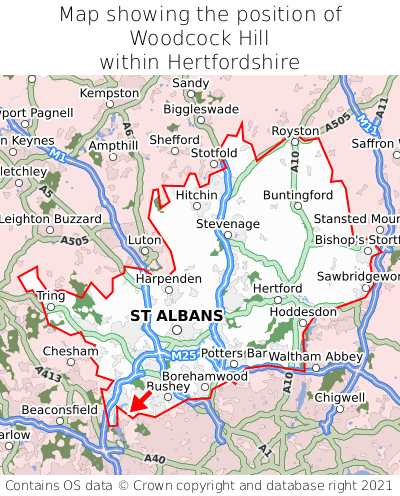 Map showing location of Woodcock Hill within Hertfordshire
