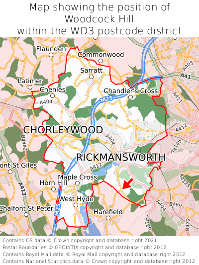 Map showing location of Woodcock Hill within WD3