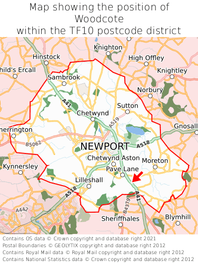Map showing location of Woodcote within TF10