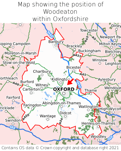 Map showing location of Woodeaton within Oxfordshire