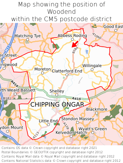 Map showing location of Woodend within CM5