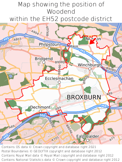 Map showing location of Woodend within EH52