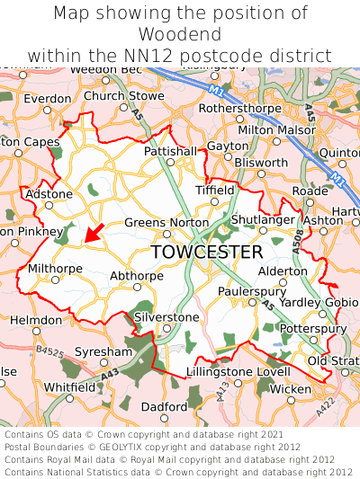 Map showing location of Woodend within NN12