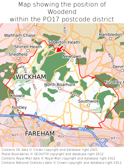 Map showing location of Woodend within PO17