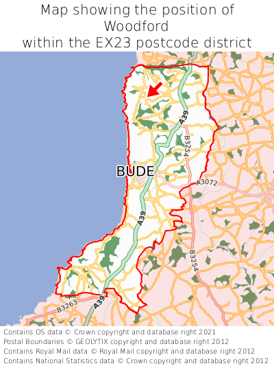 Map showing location of Woodford within EX23