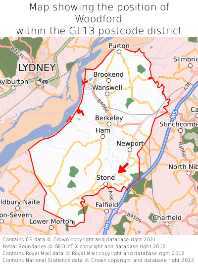 Map showing location of Woodford within GL13