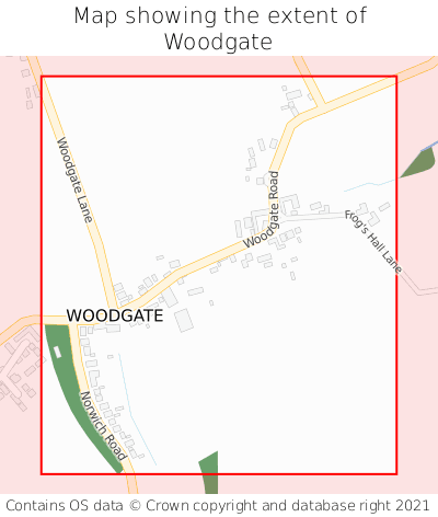 Map showing extent of Woodgate as bounding box