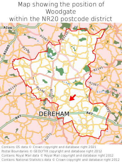 Map showing location of Woodgate within NR20