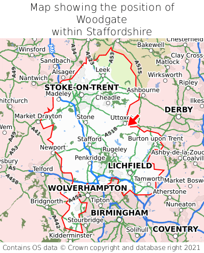 Map showing location of Woodgate within Staffordshire