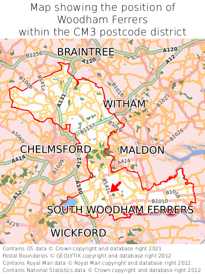 Map showing location of Woodham Ferrers within CM3