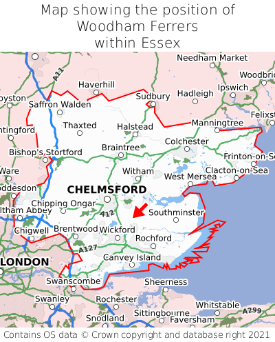 Map showing location of Woodham Ferrers within Essex