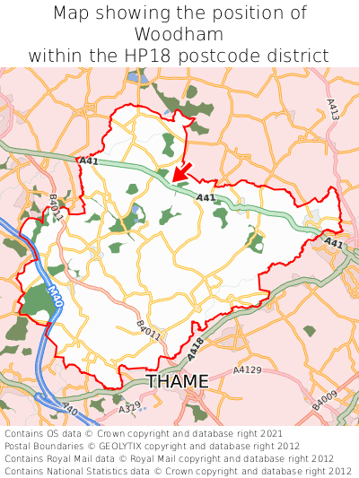 Map showing location of Woodham within HP18