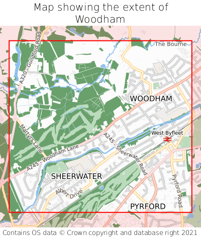 Map showing extent of Woodham as bounding box