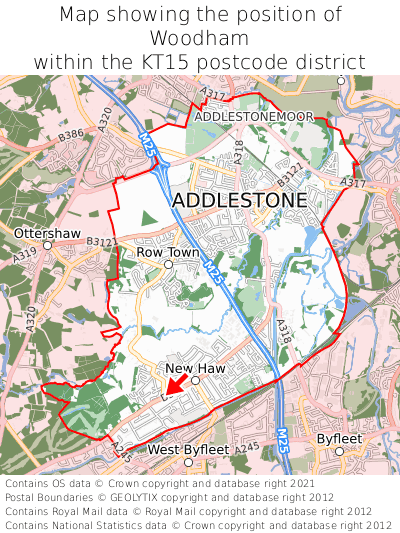 Map showing location of Woodham within KT15