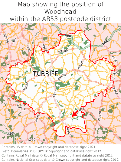 Map showing location of Woodhead within AB53