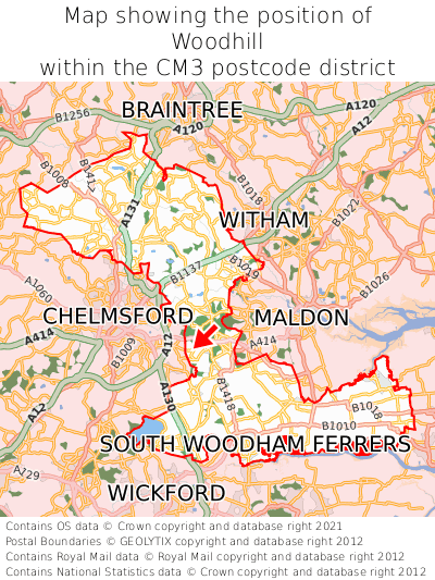 Map showing location of Woodhill within CM3