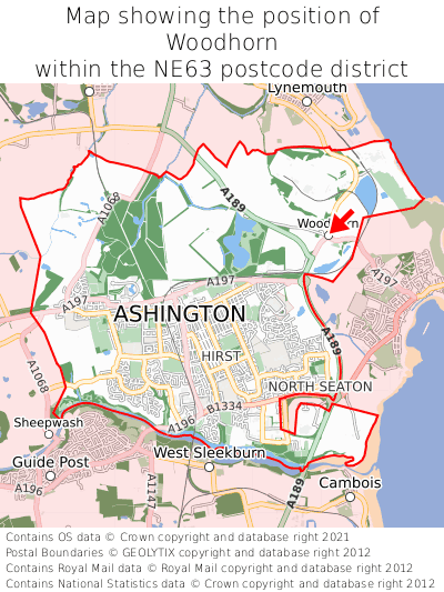 Map showing location of Woodhorn within NE63