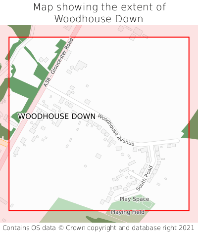 Map showing extent of Woodhouse Down as bounding box