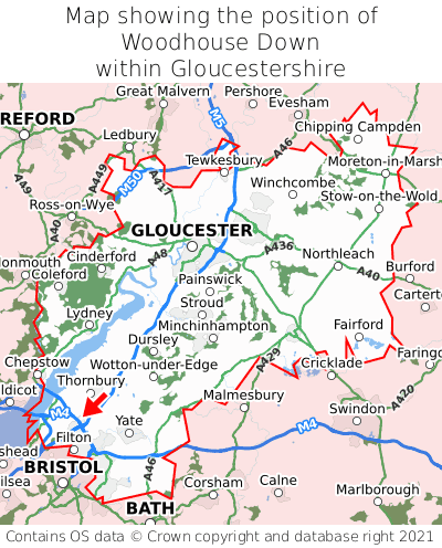Map showing location of Woodhouse Down within Gloucestershire