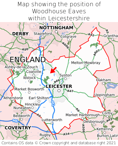 Map showing location of Woodhouse Eaves within Leicestershire