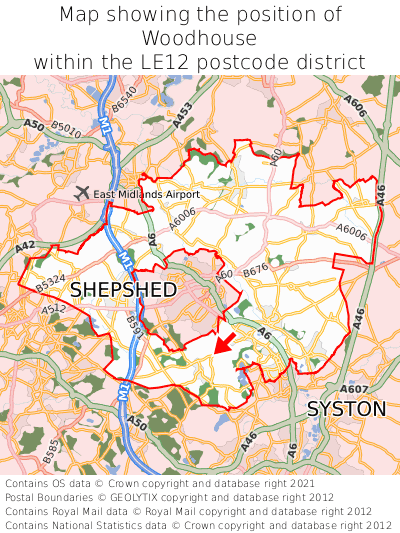 Map showing location of Woodhouse within LE12