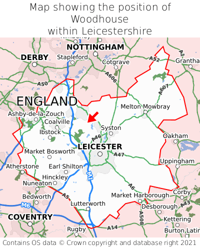 Map showing location of Woodhouse within Leicestershire